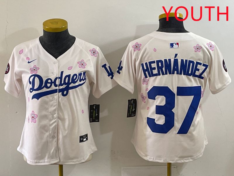 Youth Los Angeles Dodgers #37 Hernandez Cream Sakura Edition 2025 Nike MLB Jersey style 31->youth mlb jersey->Youth Jersey